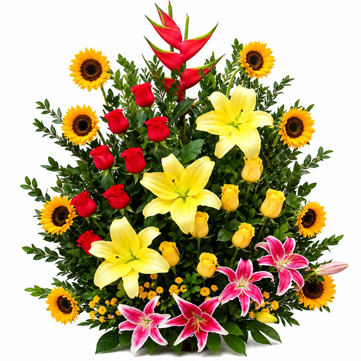 Arreglo floral para eventos con rosas rojas y amarillas girasoles y lirios amarillos colorido y elegante ideal para decoración con entrega en Lima